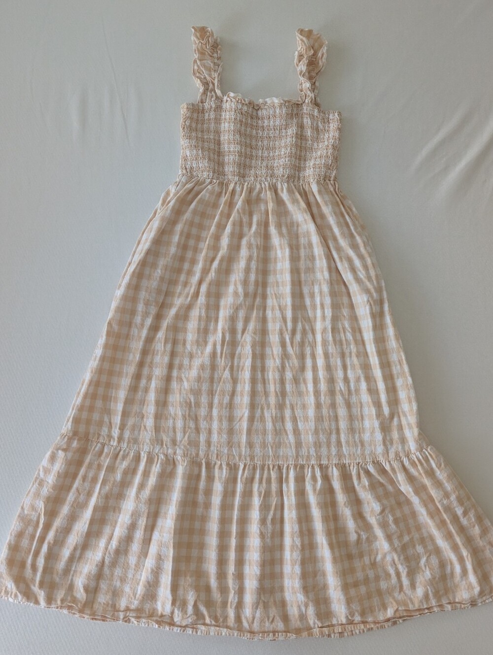 Apricot white maxi milkmaid Sleeveless Checkered dress Sz S Pockets